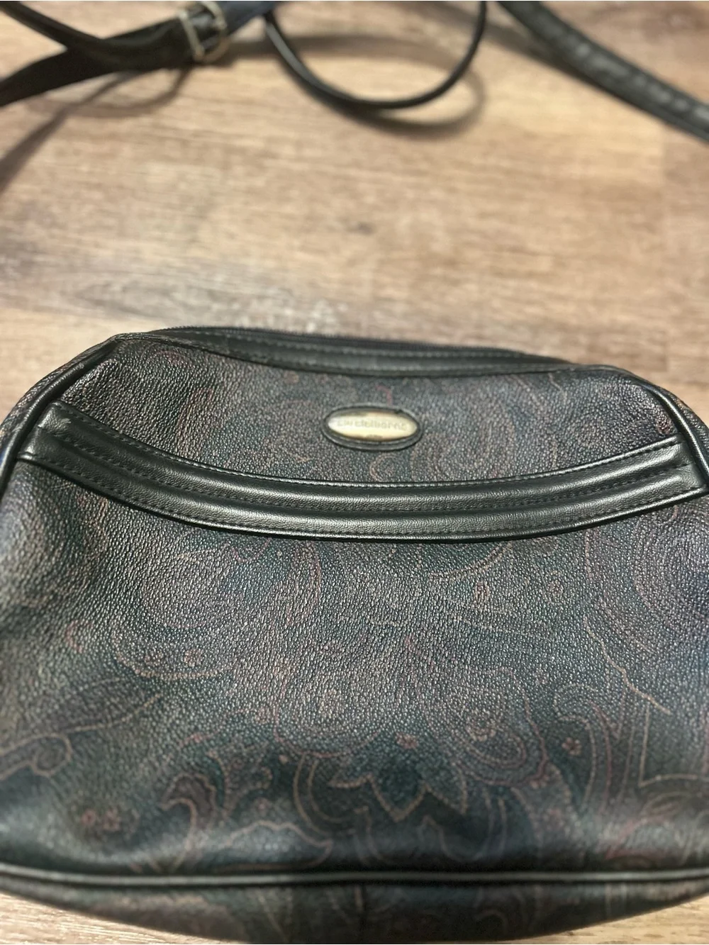 Vintage Liz Claiborne Black Leather Paisley Pattern Crossbody Bag